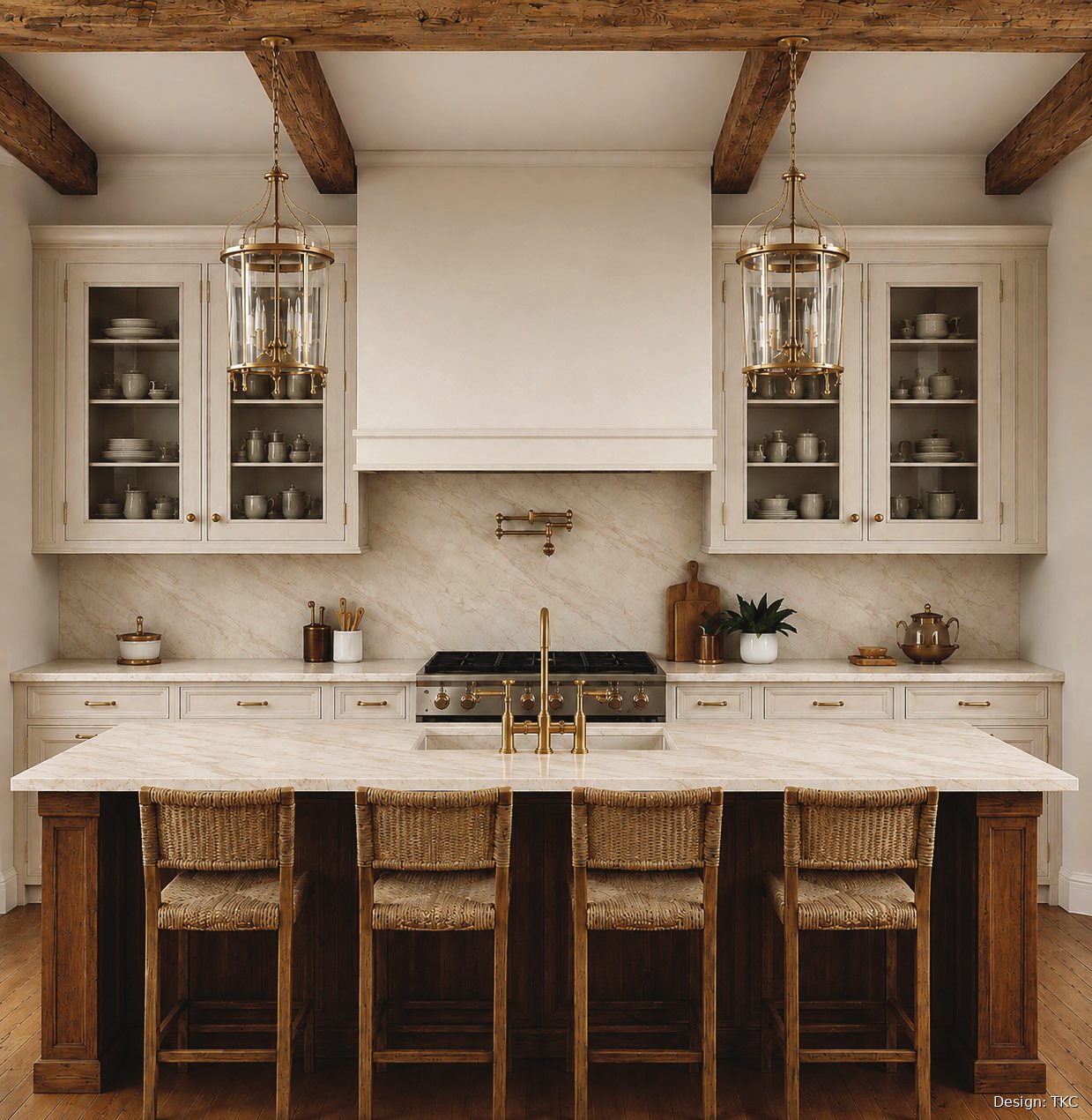 Rendering of the Crescendo kitchen with beamed ceiling, plaster hood, and stained island