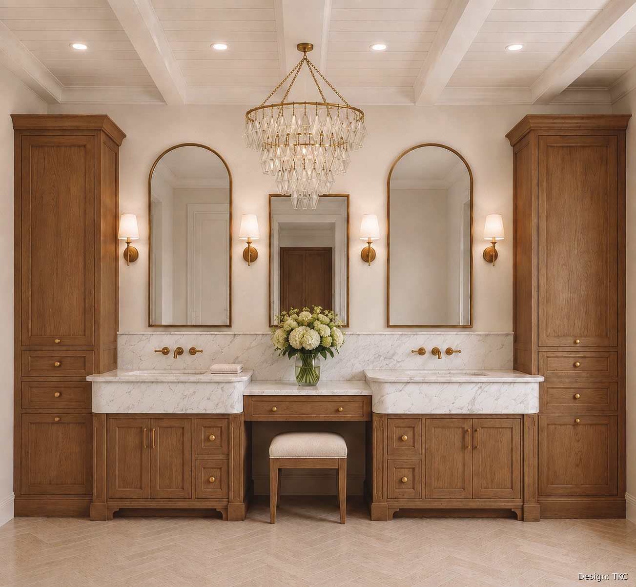 Rendering of the primary bath with arched mirrors and makeup vanity