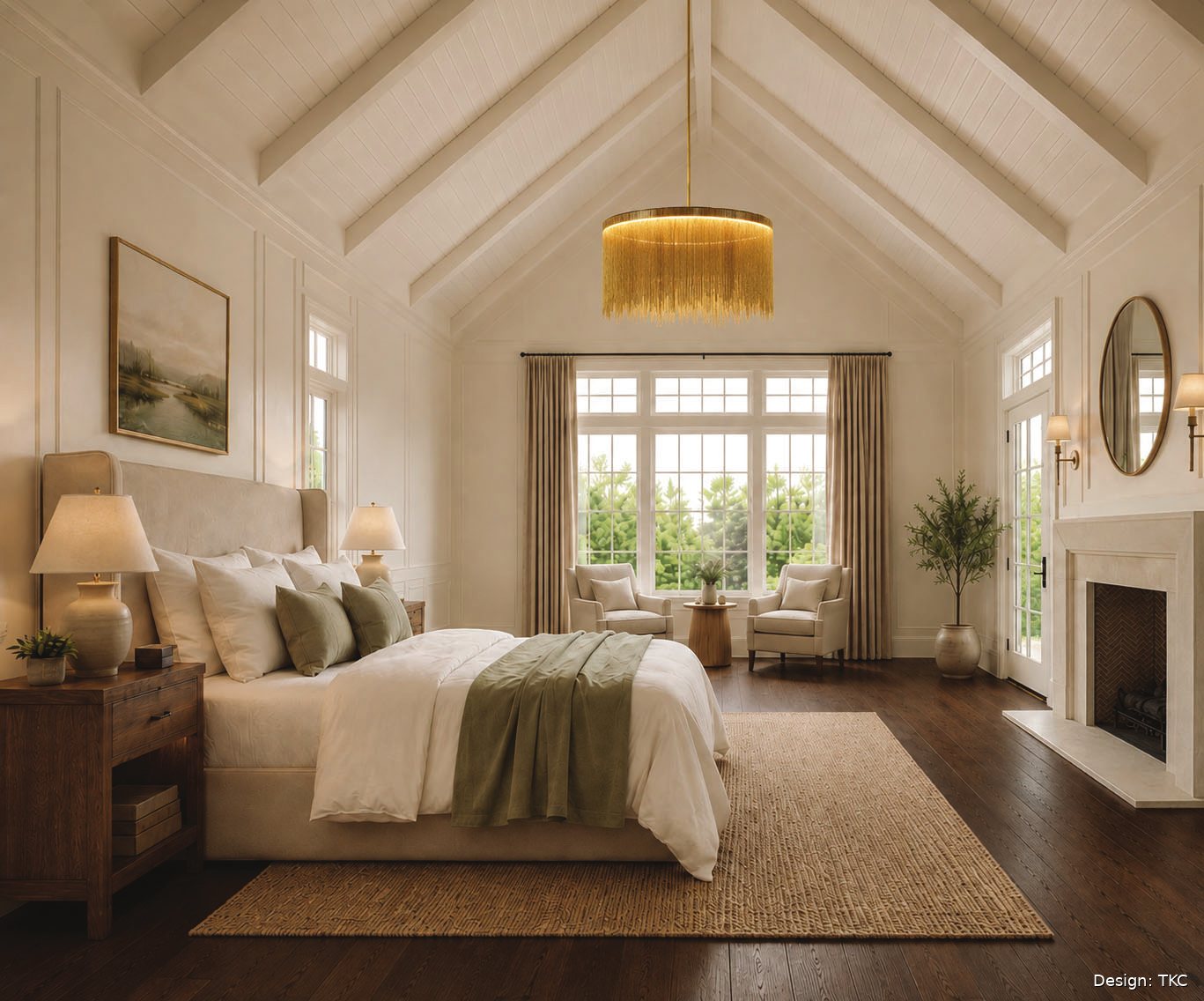 Rendering of the primary bedroom with vaulted beamed ceiling